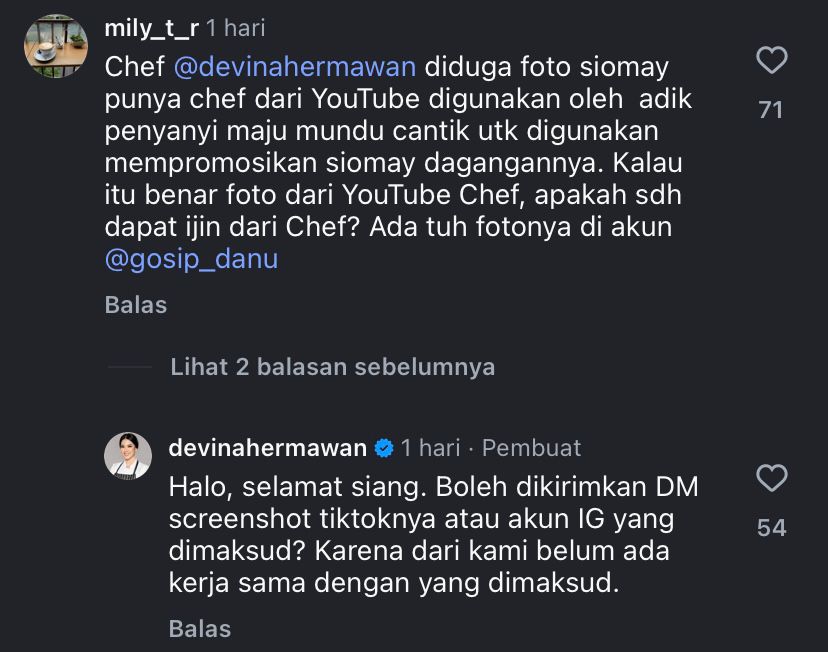 Komentar Netizen ke Chef Devina (instagram)